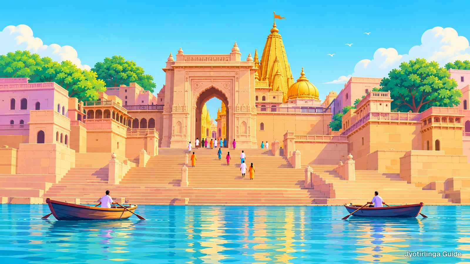 Drawing of the walk from the Ganga: boats on the river, wide ghat steps, a sandstone gateway and the gold temple spire behind it