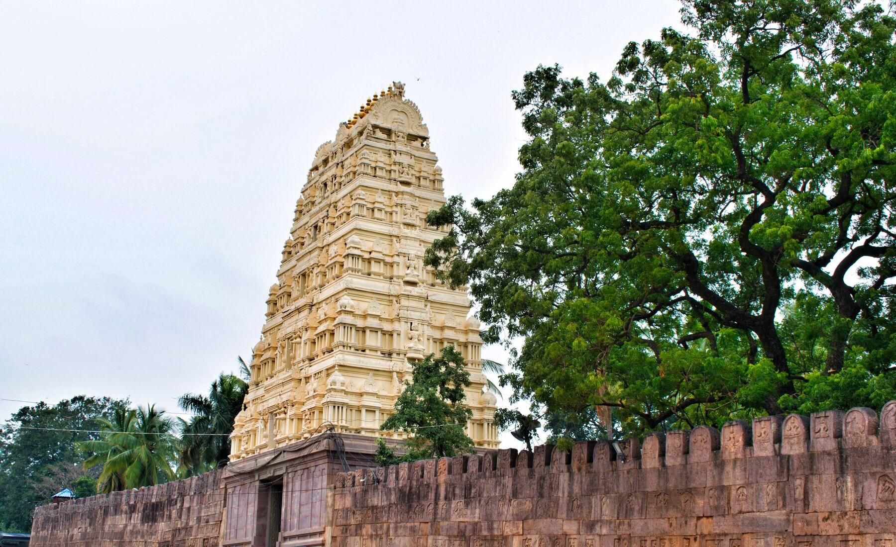 A tall white gopuram rising behind a long crenellated stone wall, with trees on either side