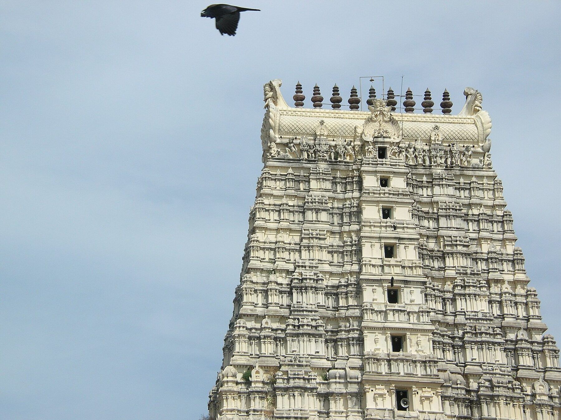 The top tiers of a tall, pale stone gopuram covered in carved figures, against a grey morning sky