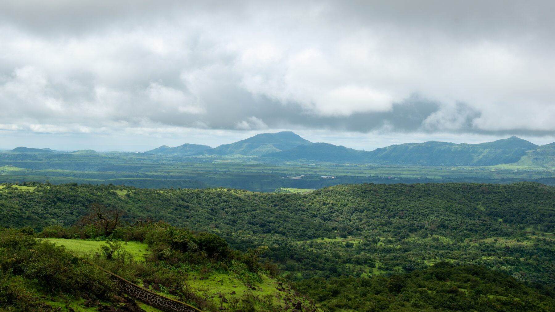 Green forested hills and a wide valley under low grey cloud