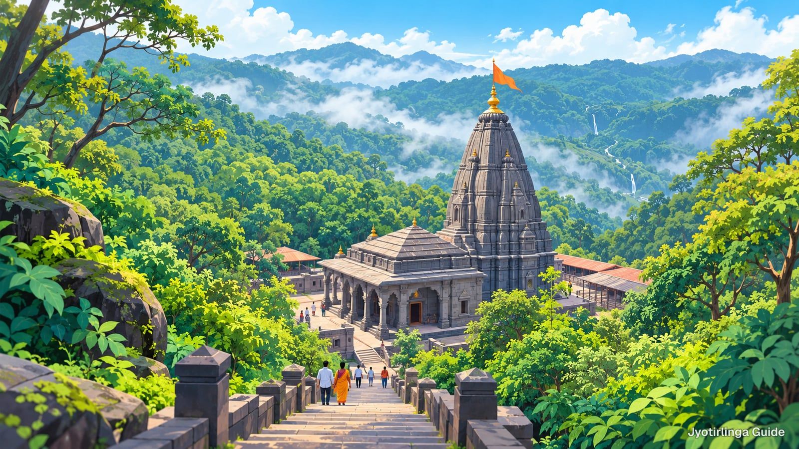 Drawing of stone steps leading down through green forested hills to a dark stone temple
