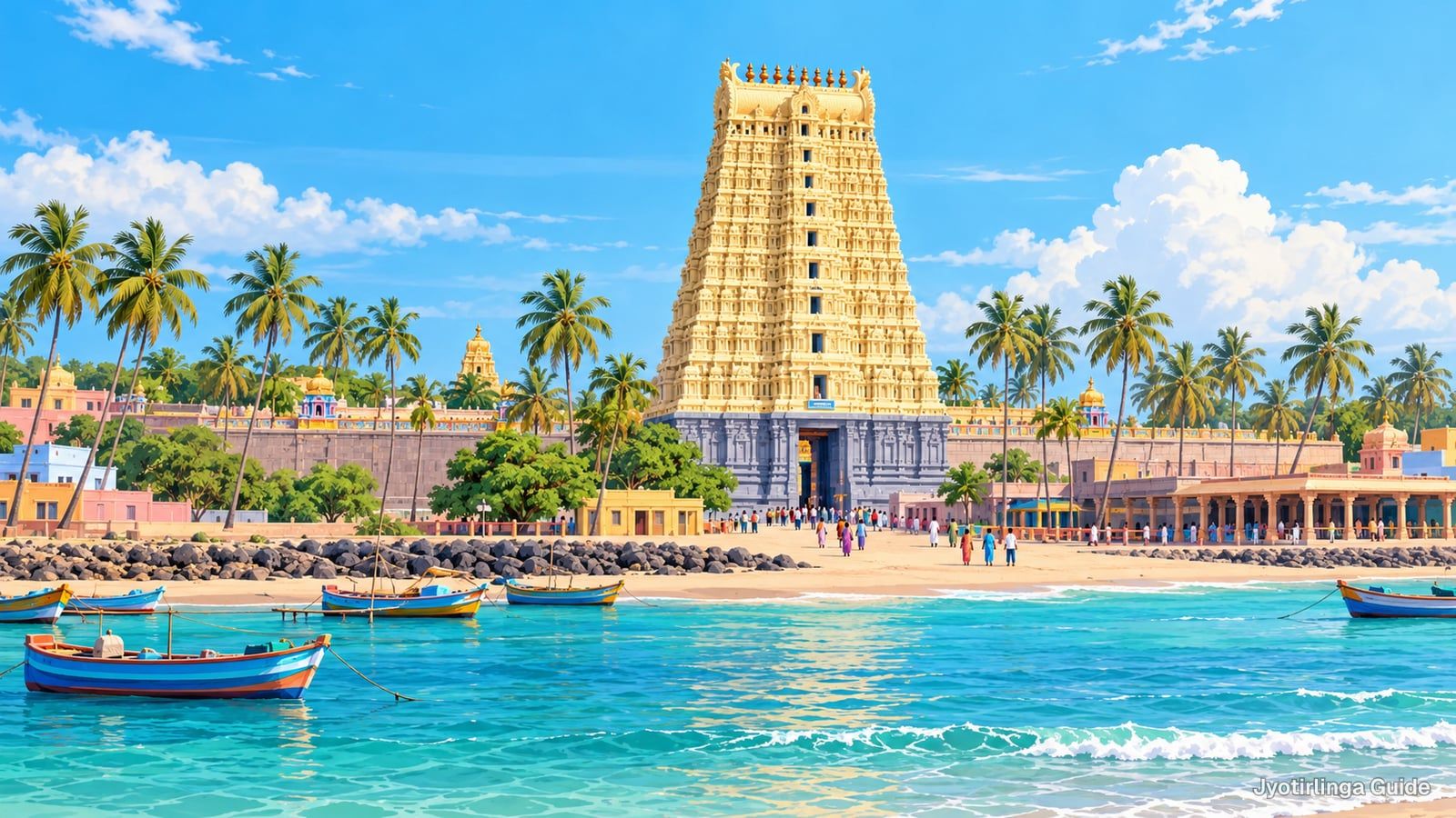 Drawing of a tall gopuram behind a beach with palm trees and fishing boats