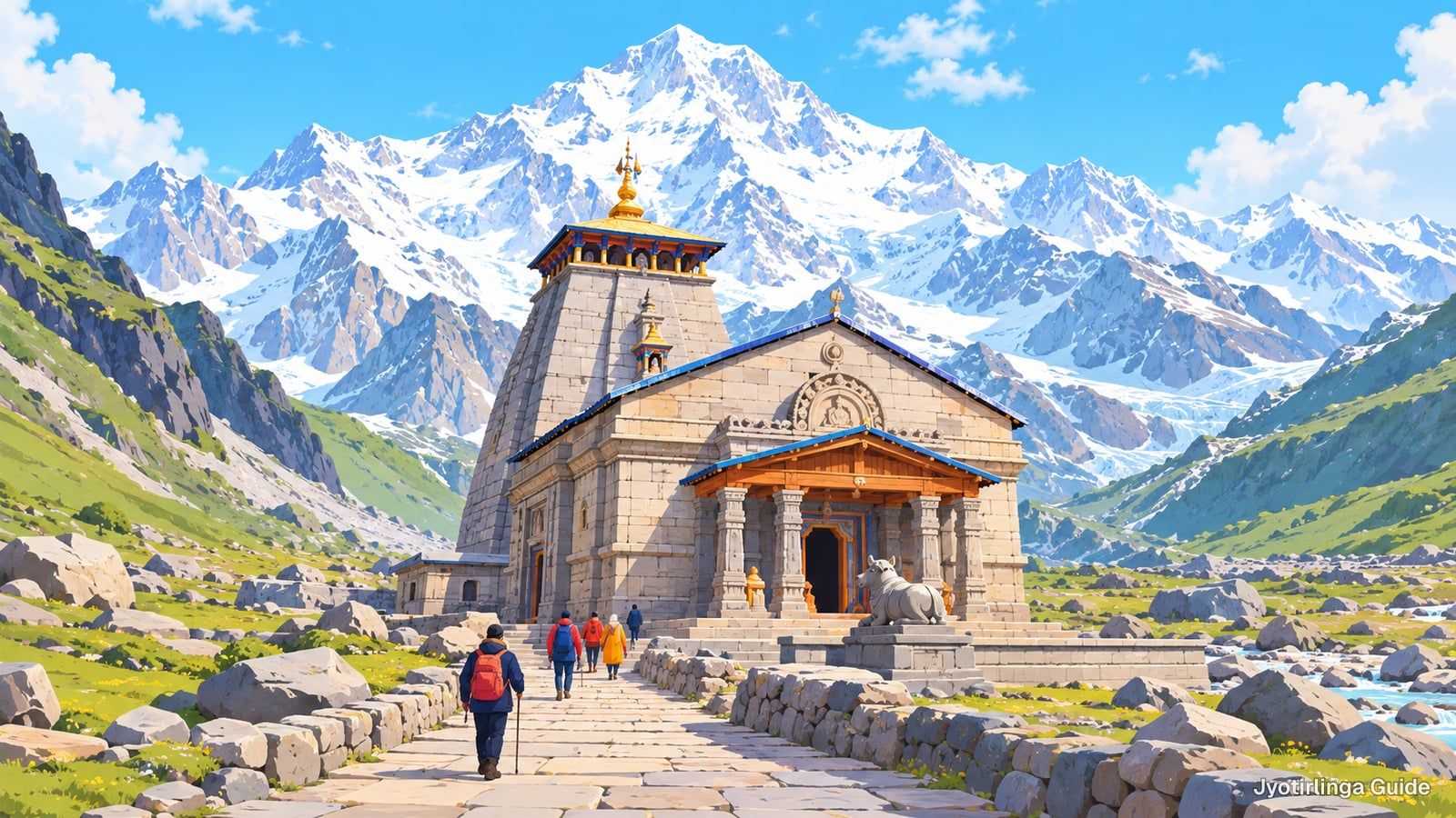 Drawing of a grey stone temple in a mountain valley under snow peaks, with walkers on a stone path