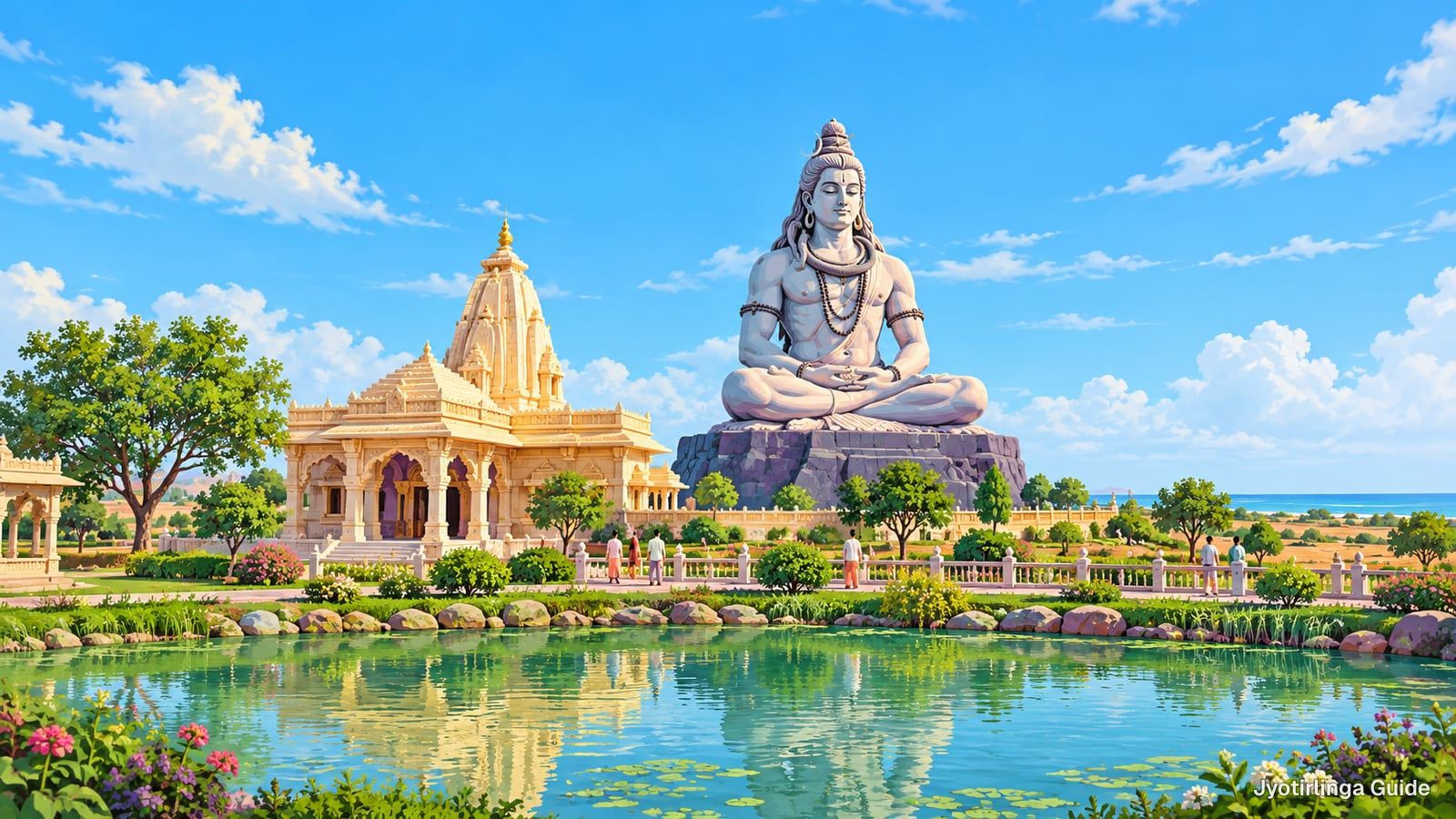 Drawing of a pale temple and a large seated Shiva statue beside a pond