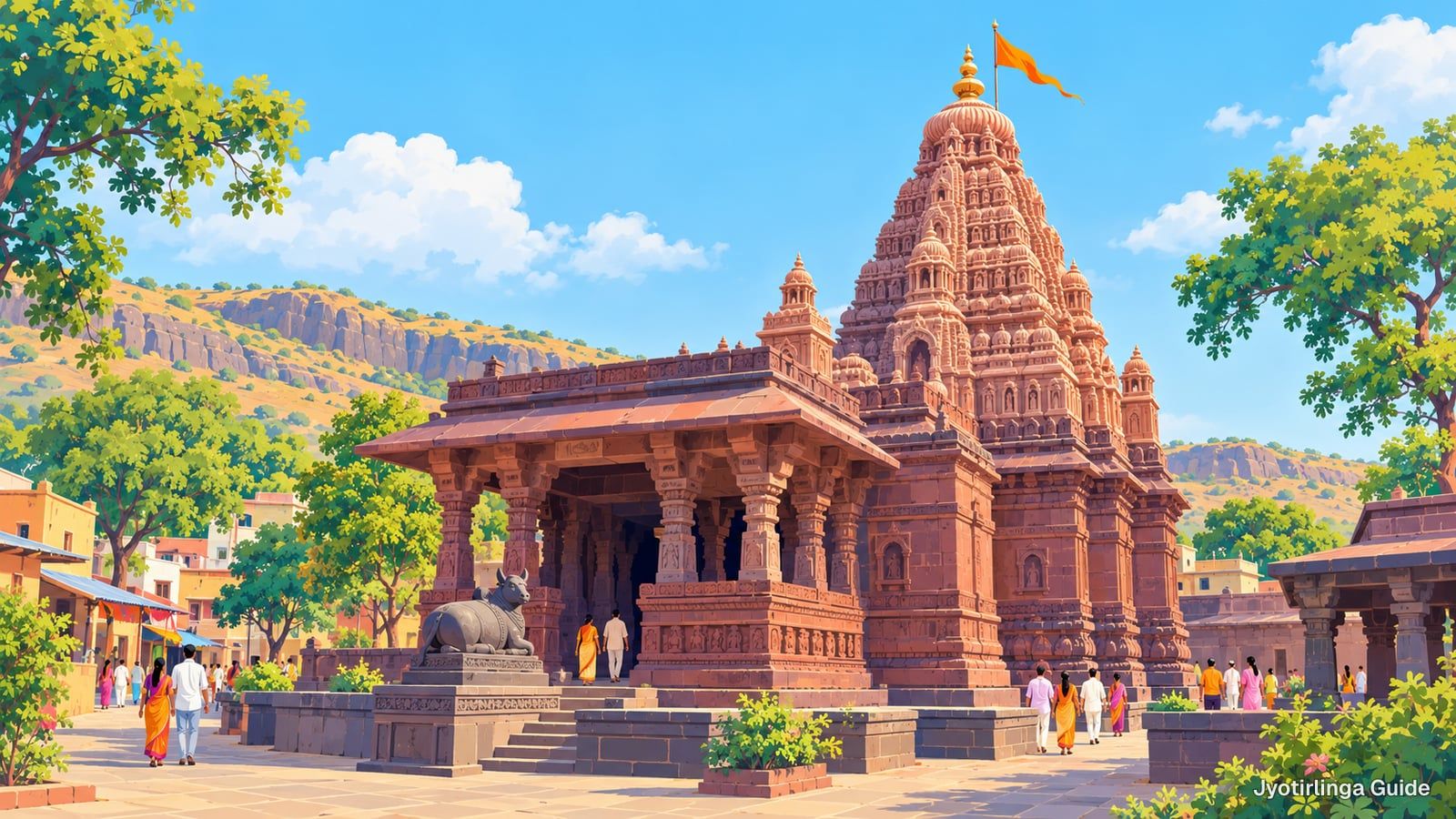 Drawing of a red stone temple with a tall carved spire, a Nandi statue and visitors in front