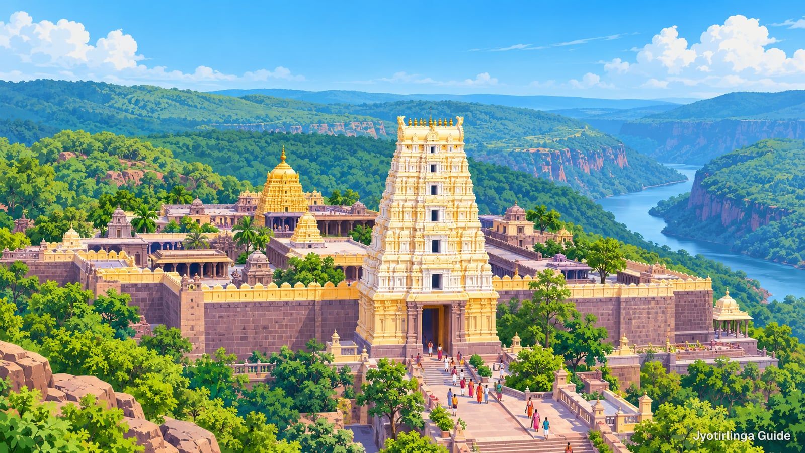 Drawing of a tall gopuram and temple walls among green hills, with a river in the valley