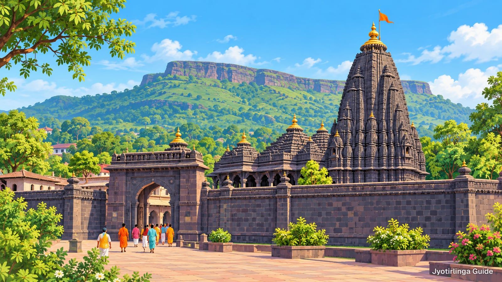 Drawing of a black stone temple with a walled gate, a flat-topped hill behind it