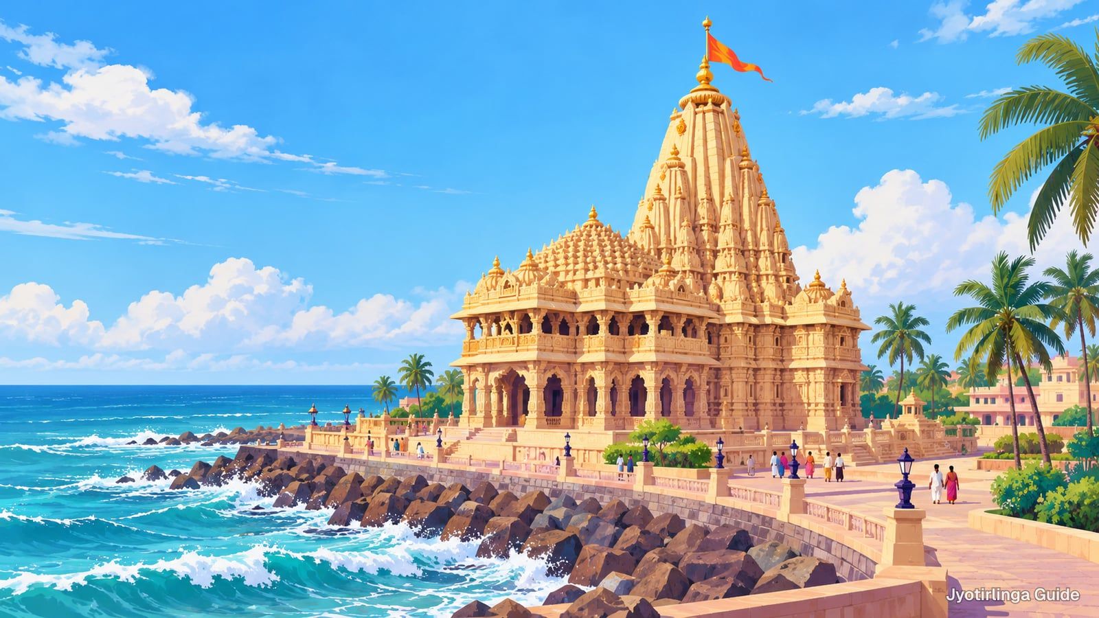 Drawing of a carved sandstone temple on a sea wall with waves breaking on the rocks below
