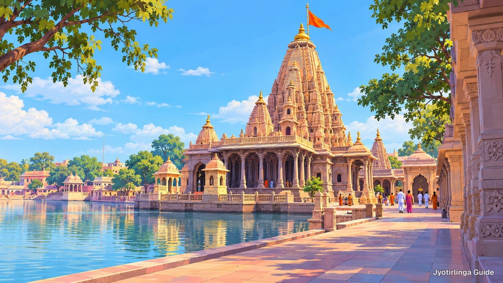 Drawing of a carved temple spire beside calm water, with a paved walk along the bank