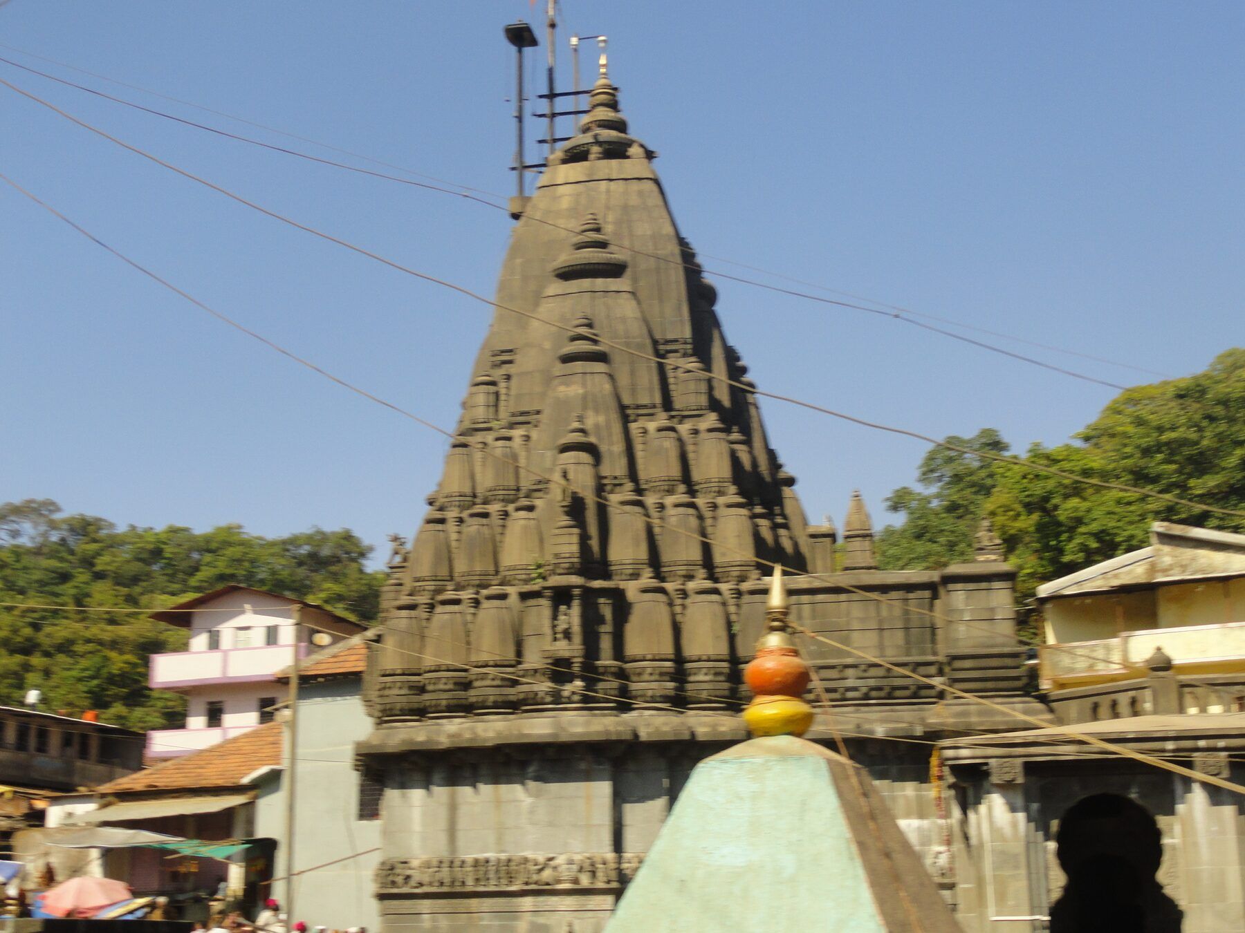 The tall carved stone spire of Bhimashankar temple against a blue sky, with trees and buildings beside it